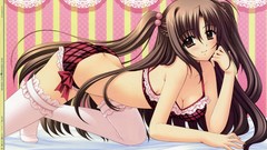 Beds stockings long hair anime girls brunettes bra oretachi ni 