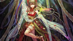 Bells armor Ribbons red dress yin-yang bows long hair barefoot 