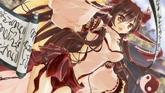 Bells yin-yang bows long hair anime girls brown eyes brunettes 