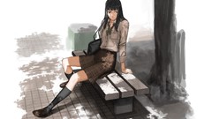 Bench Anime long hair brunettes school uniforms seifuku