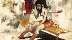 Bench brown wet drinks anime girls boots blue eyes cleavage