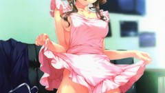 Bench dress tie Ribbons blush anime girls brunettes school 