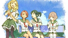 Bench ice cream outdoors blondes skirts pink hair pink eyes 