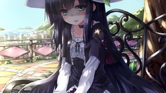 Bench sitting anime girls green eyes black hair thigh highs