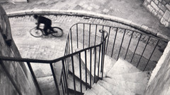 Bicycles stairways grayscale Henri
