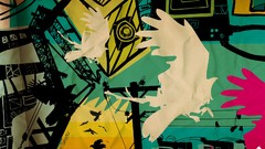 Birds abstract multicolor artwork power lines