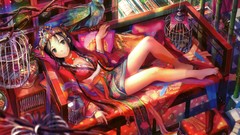 Birds cage multicolor anime girls fuji choko original characters