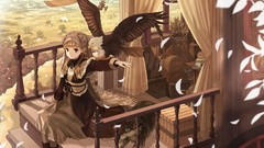 Birds dress anime girls flower petals artwork