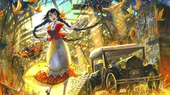 Birds dress anime girls vehicles braids black hair open mouth