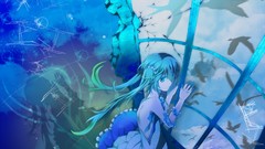 Birds dress silhouettes blue hair long hair blue eyes hatsune 