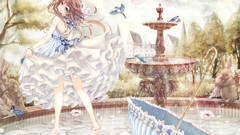 Birds dress Umbrellas anime girls blue eyes