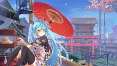 Birds Japan Umbrellas drinks sitting kimono blue hair long hair 