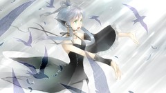 Birds microphones blue hair anime girls green eyes braids 