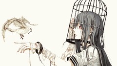Birds red eyes cage anime girls school uniforms bandages
