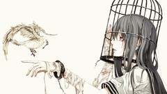 Birds red eyes cage anime girls school uniforms bandages