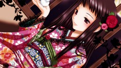 Birds roses dress red eyes kimono long hair anime girls 
