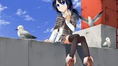 Birds sakura scarfs anime girls blue eyes