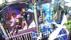 Birds wings Anime sitting blondes cities anime girls yellow 