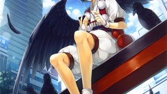 Birds wings buildings anime girls crows keg scans torii