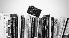 Black and white Books Cameras still life Rangefinder camera 