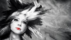 Black and white eyes woman Birds abstract red lipstick artwork