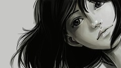 Black and white eyes woman drawings long hair black hair 