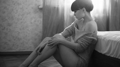 Black and white light woman beds window panes