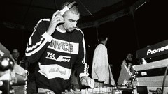 Black and white Men headphones DJ turntables monochrome British