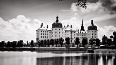 Black and white monochrome castle buildings