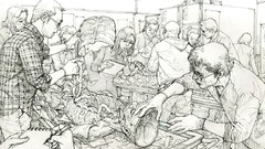 Black and white monochrome drawings skeletons classroom artwork 