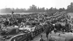 Black and white old Army soldiers historic tanks