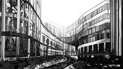 Black and white paintings monochrome buildings rivers 