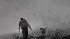 Black and white paintings monochrome walk railroad tracks dog 