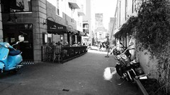 Black and white Plants cars street restaurant vintage Vespa new 
