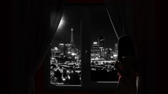 Black and white shades artwork city skyline window panes