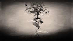 Black and white woman Birds abstract monochrome