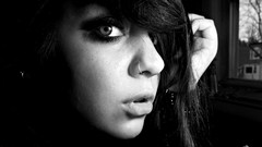 Black and white woman brunettes piercings grayscale