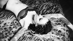 Black and white woman chest beds faces underwear panties