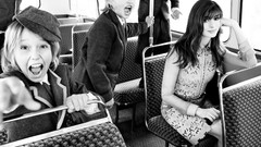 Black and white woman children bus Celebrity sitting monochrome 