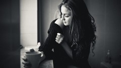 Black and white woman coffee kitchen monochrome brunettes