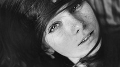 Black and white woman faces monochrome brunettes freckles teen