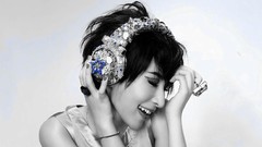 Black and white woman headphones Japanese faces monochrome 