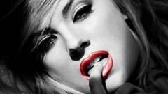 Black and white woman lips green eyes red lipstick