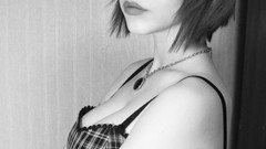 Black and white woman monochrome brunettes short hair cleavage 
