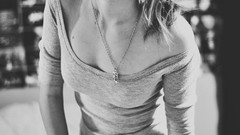 Black and white woman monochrome shoulders brunettes cleavage 