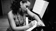 Black and white woman piano dress notes monochrome alicia keys 