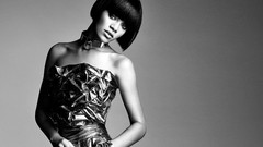 Black and white woman rihanna singers short hair bangs grayscale