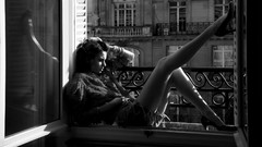 Black and white woman Shorts lonely sad legs legs up