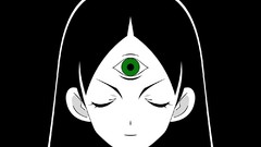 Black background faces long hair anime girls green eyes closed 