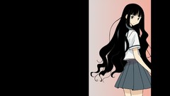 Black background schoolgirls skirts long hair anime girls green 